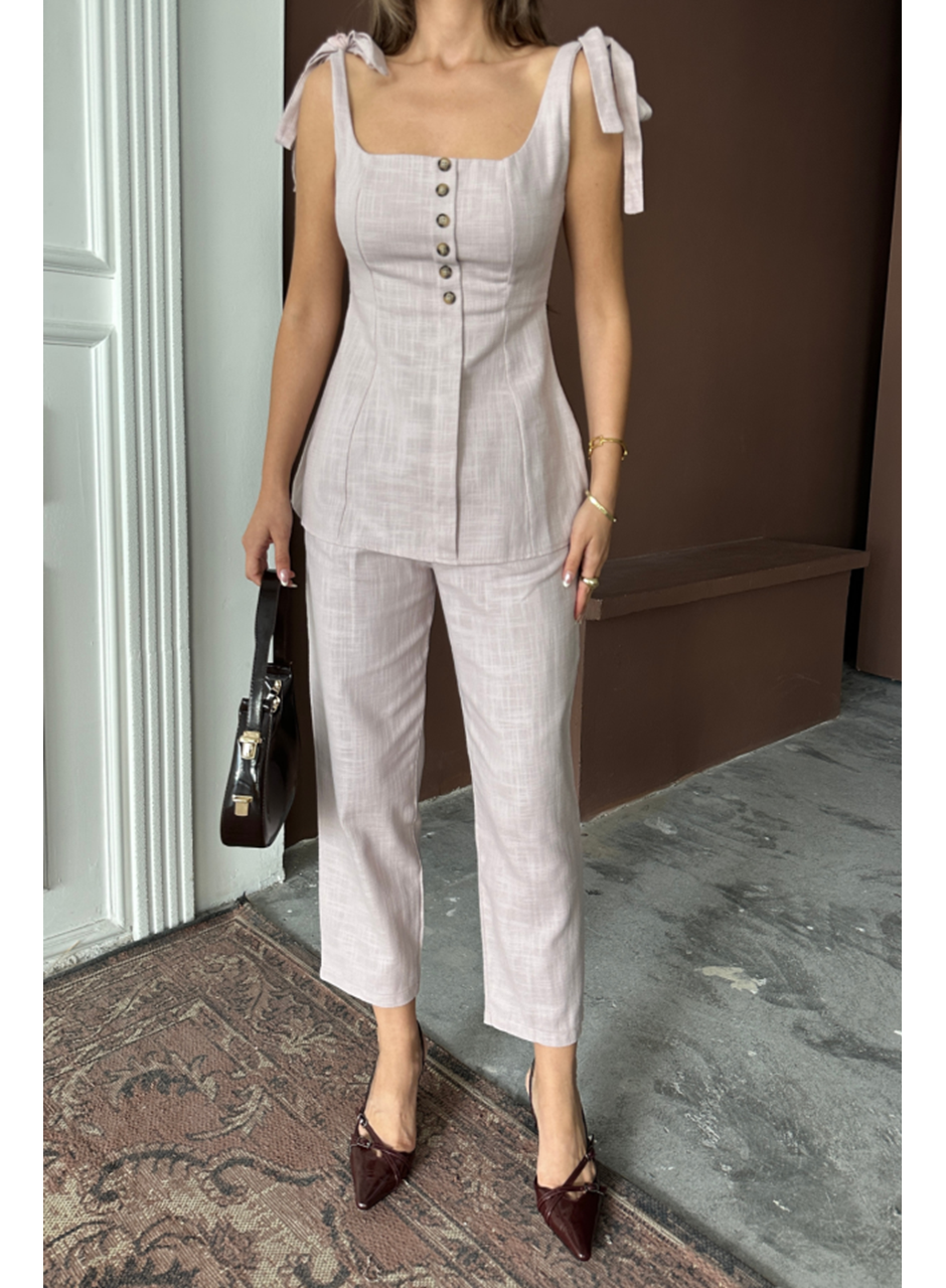 ŞANTUK KETEN YELEK GÖRÜNÜMLÜASKILI BLUZ - PANTOLON TK - Lila