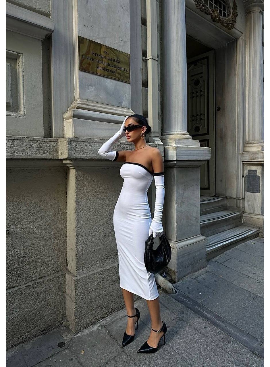 Kadın Dalgıç Kumaş Askısız Yırtmaç Detaylı Elbise