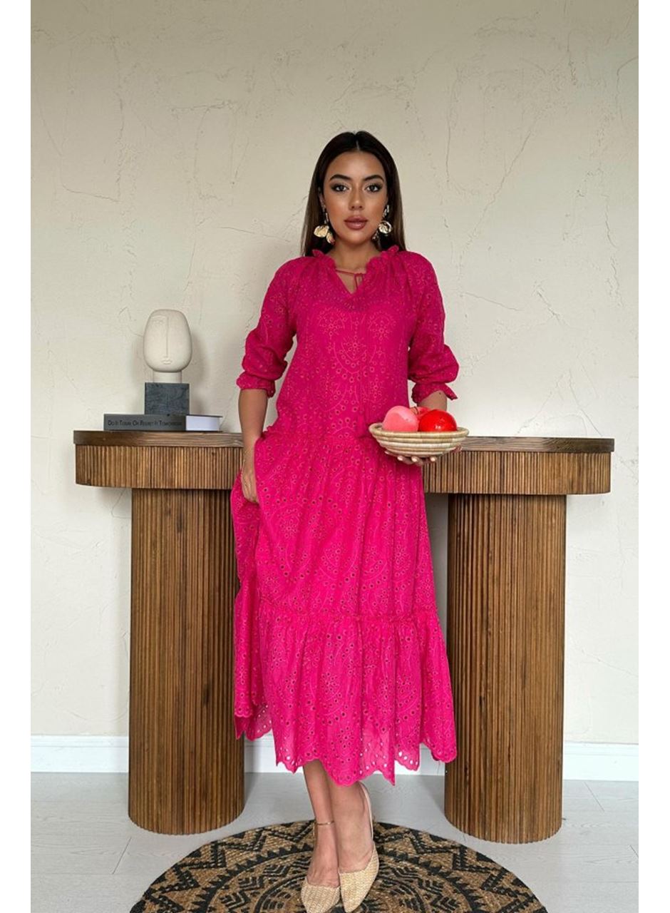 Fuşya Dantelli New Elbise