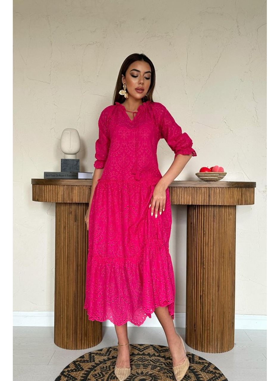 Fuşya Dantelli New Elbise