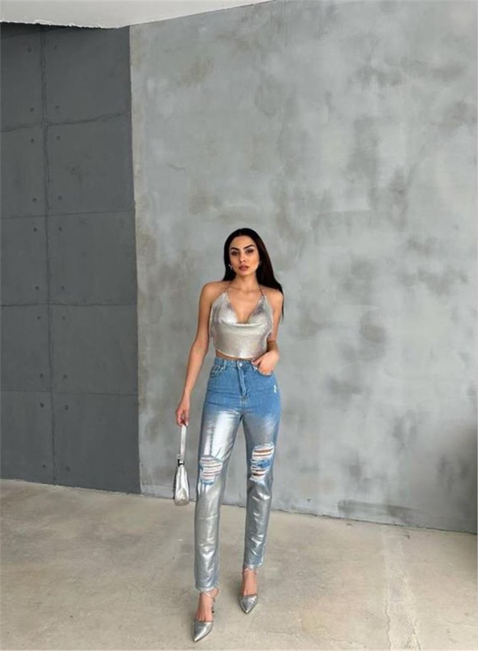 DİZ YIRTIK VARAKLI MOM KOT PANTOLON - Gümüş