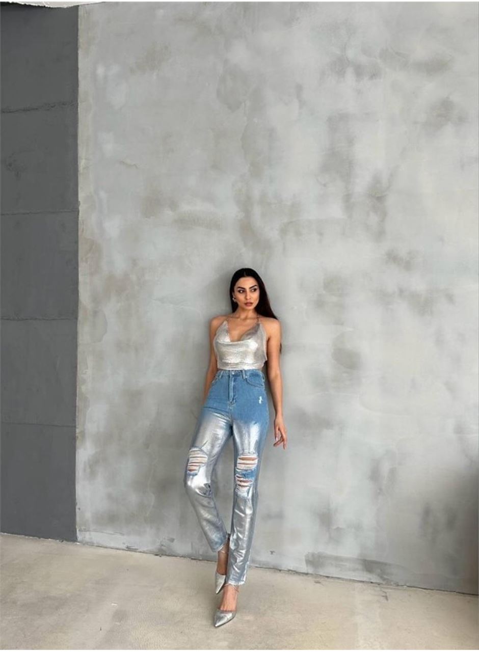 DİZ YIRTIK VARAKLI MOM KOT PANTOLON - Gümüş