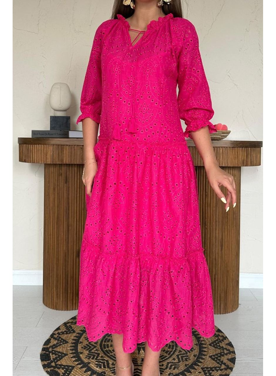 Fuşya Dantelli New Elbise