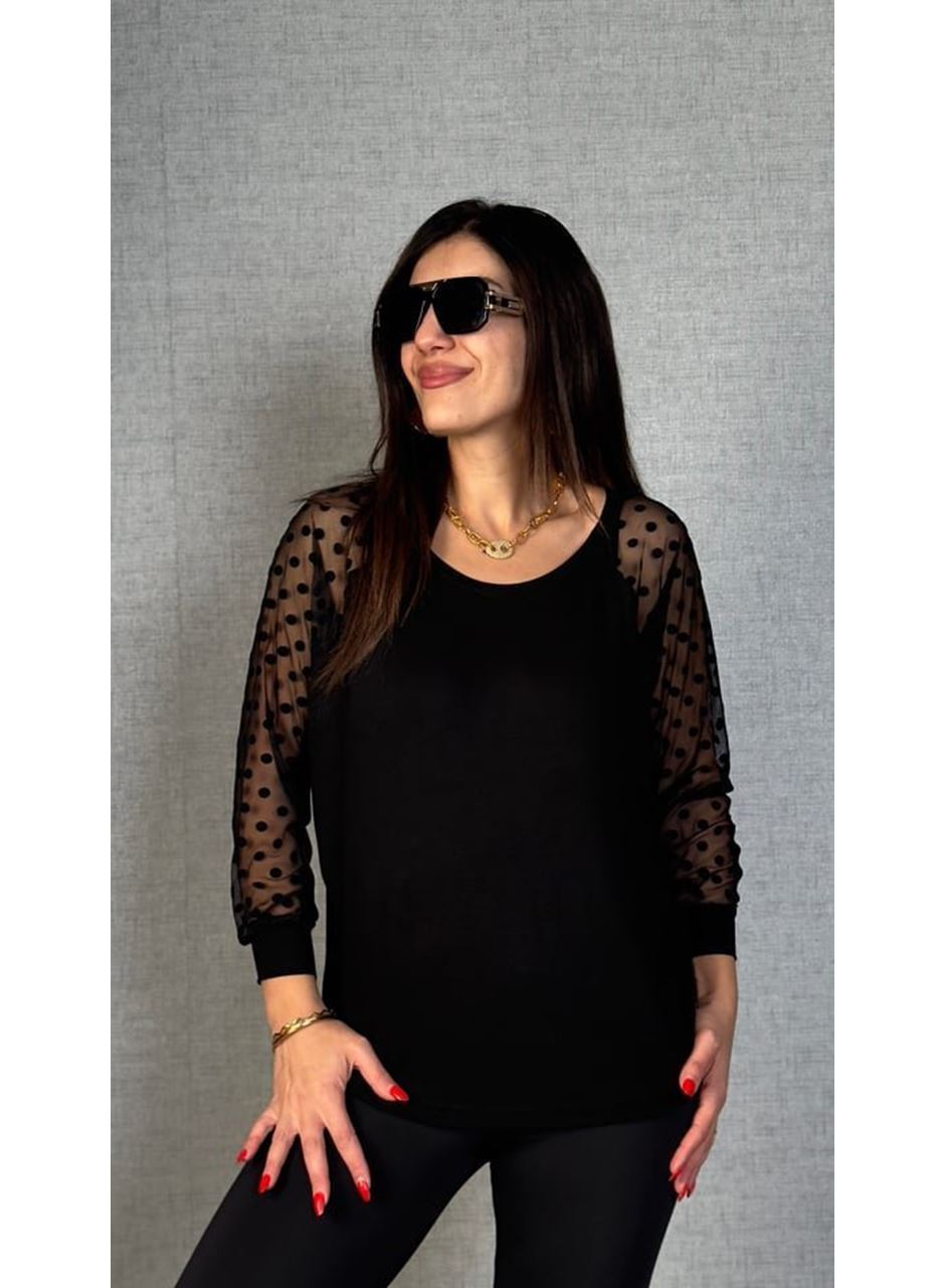 Kadın Yarasa Kol Puantiyeli Tül Detay Bluz
