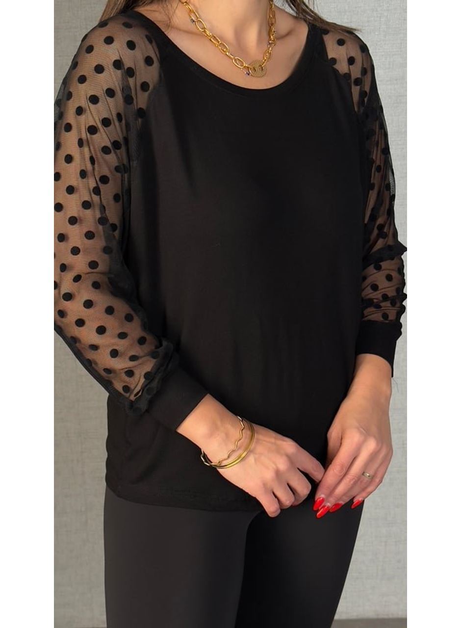 Kadın Yarasa Kol Puantiyeli Tül Detay Bluz