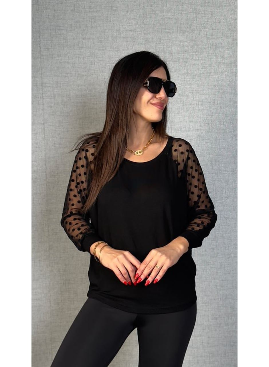 Kadın Yarasa Kol Puantiyeli Tül Detay Bluz