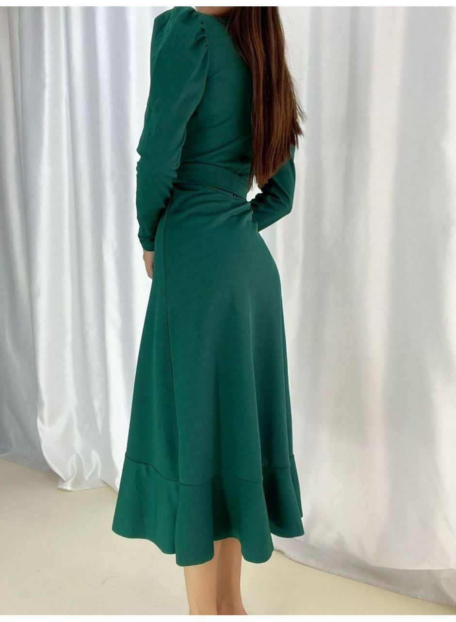 Kadın Yeşil Krep Kumaş Midi Boy Kuşaklı Uzunkol Elbise
