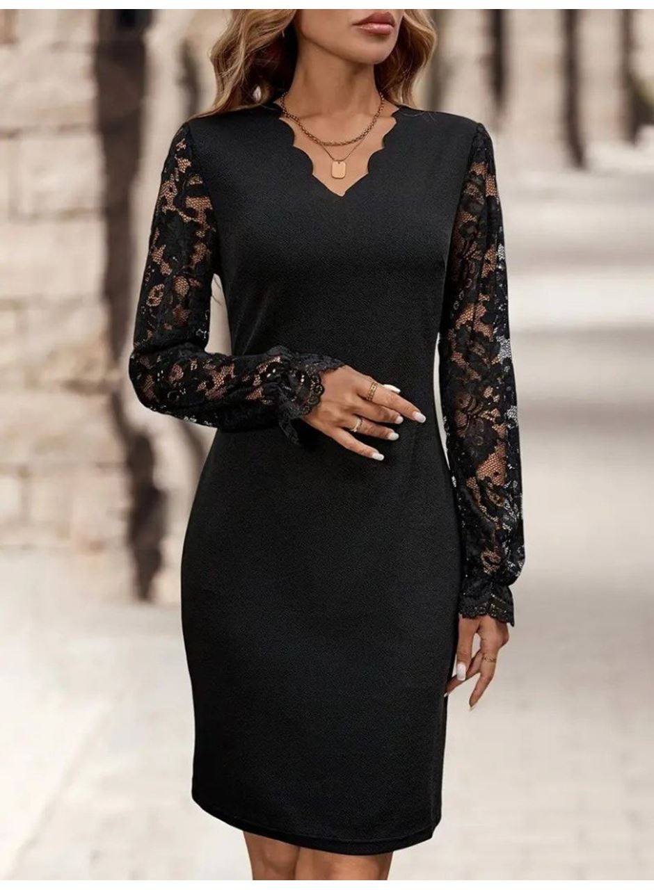 Kadın Uzun Kollu V Lazer Kesim Detaylı Kısa Ithal Krep Elbise