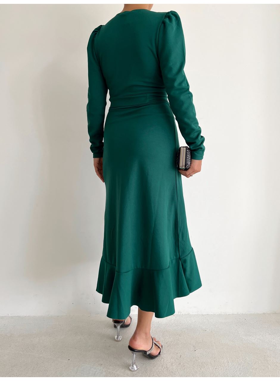 Kadın Yeşil Krep Kumaş Midi Boy Kuşaklı Uzunkol Elbise