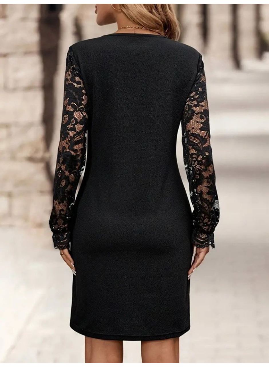 Kadın Uzun Kollu V Lazer Kesim Detaylı Kısa Ithal Krep Elbise