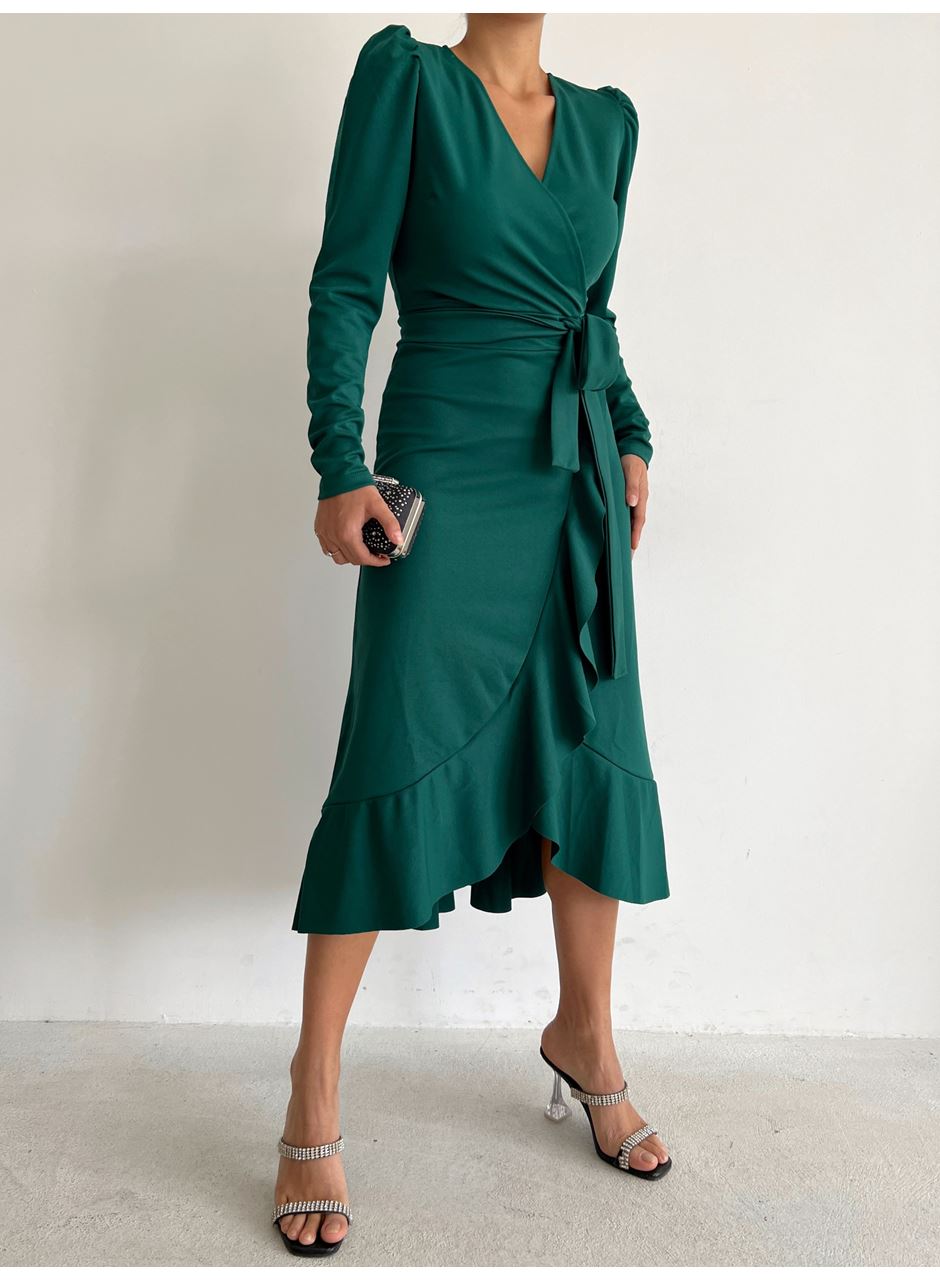 Kadın Yeşil Krep Kumaş Midi Boy Kuşaklı Uzunkol Elbise