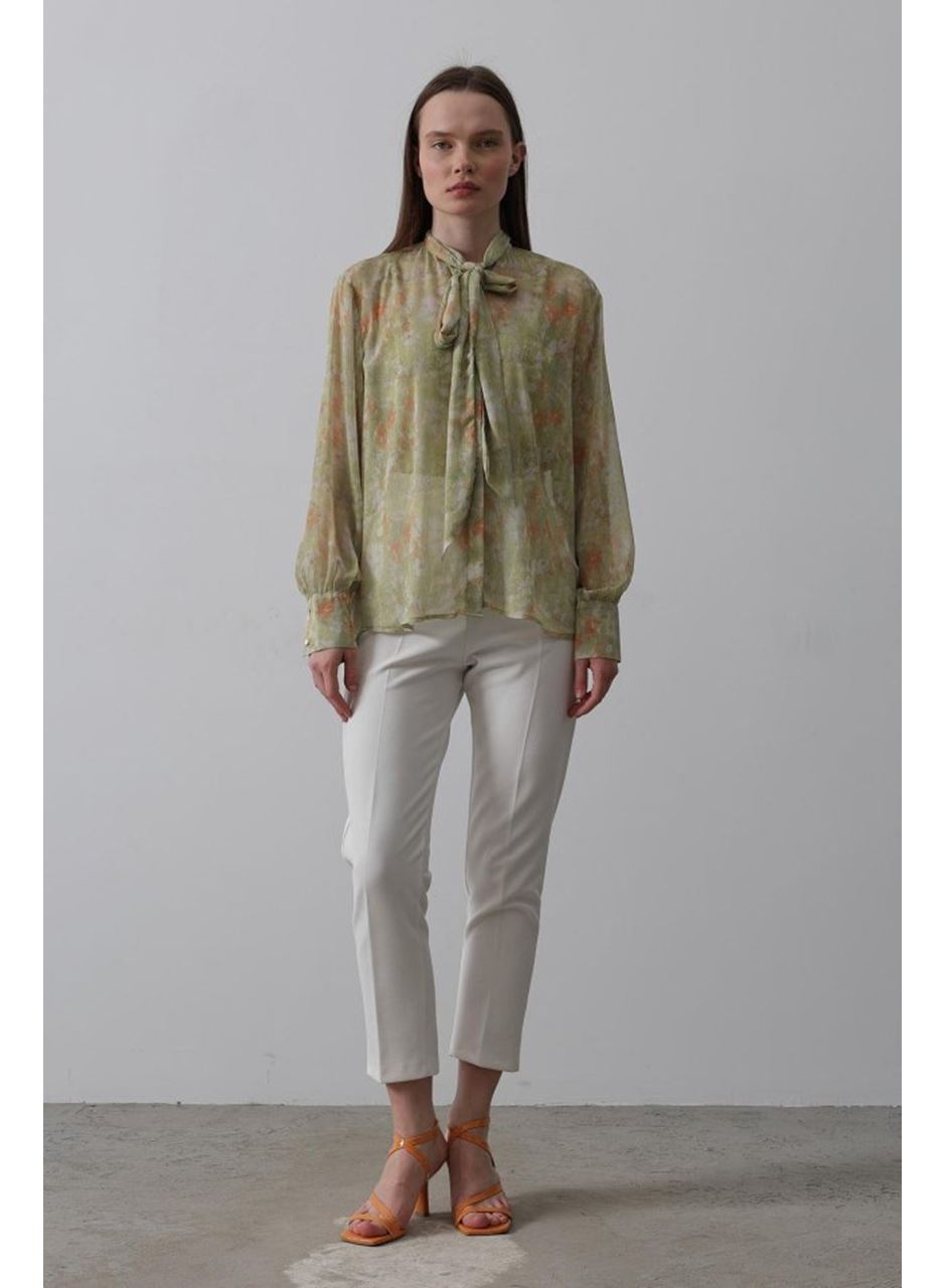 Yakası Fularlı Şifon Gömlek - Fıstık Yeşili