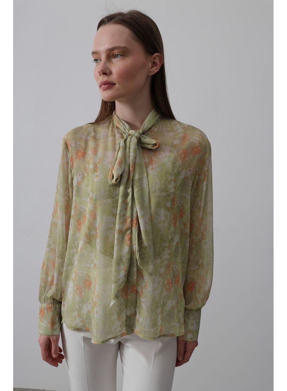 Yakası Fularlı Şifon Gömlek - Fıstık Yeşili