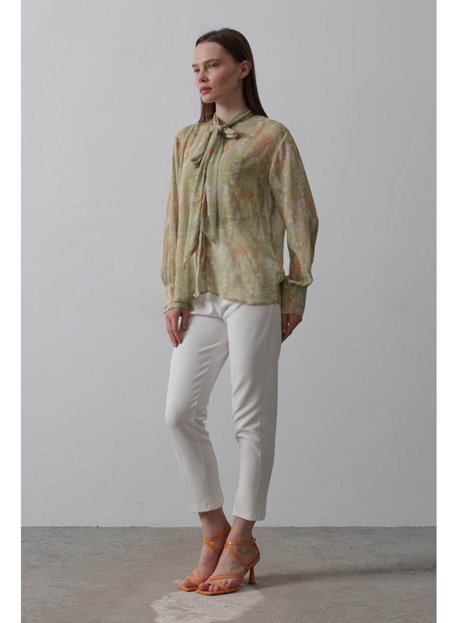 Yakası Fularlı Şifon Gömlek - Fıstık Yeşili