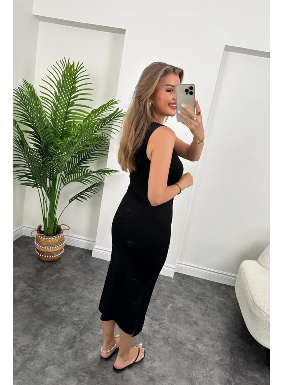 Kadın çift Yırtmaç Detaylı Sıfır Kol Midi Boy Elbise