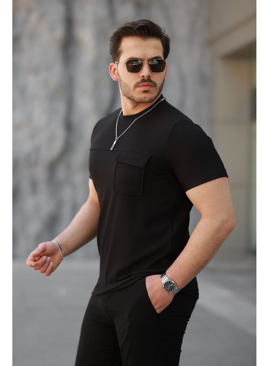 Erkek Cepli Kolyeli Kısa Kollu örme Kumaş T-shirt