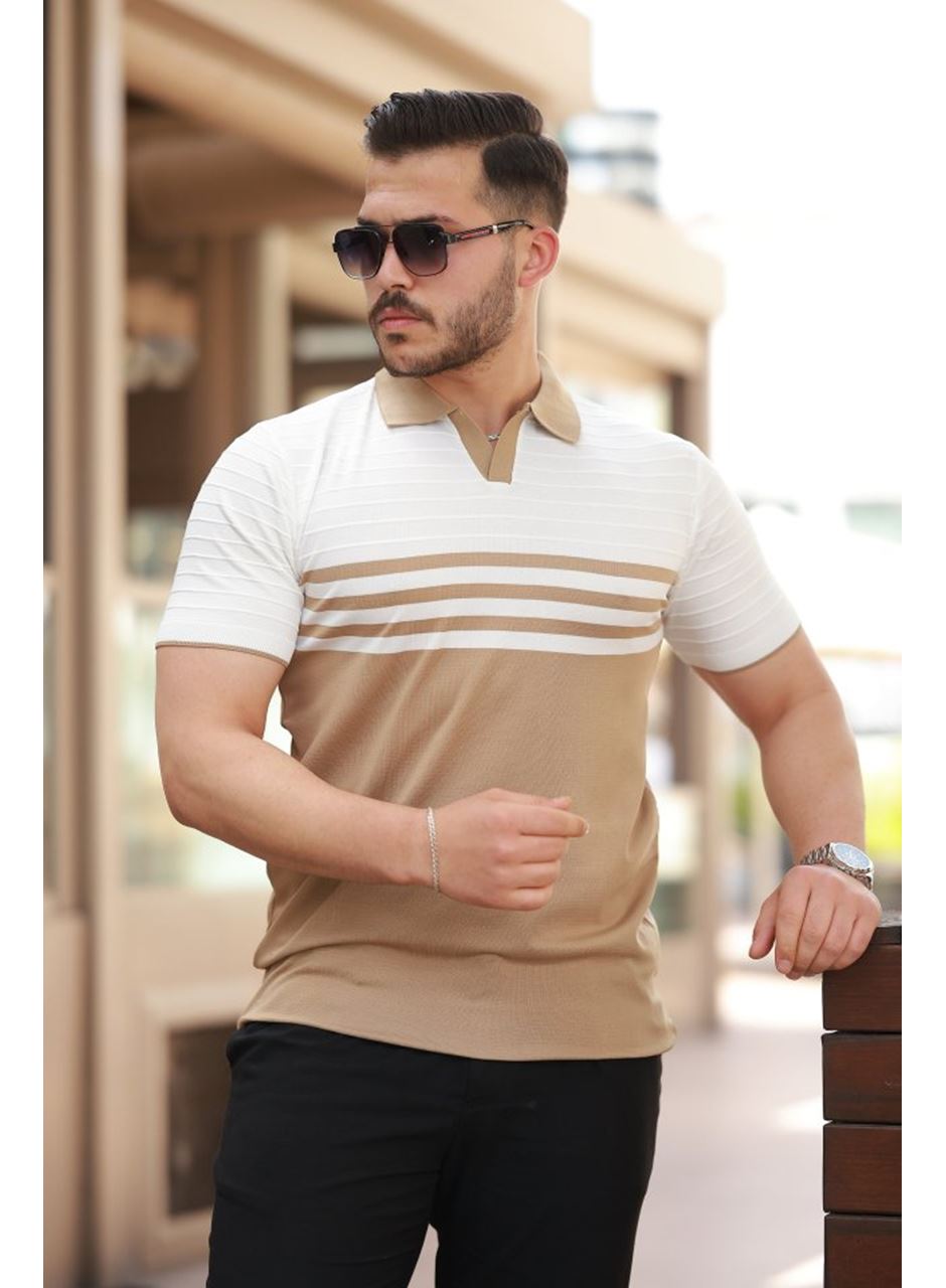 Erkek çizgi Desenli Yakalı Kısa Kollu T-shirt