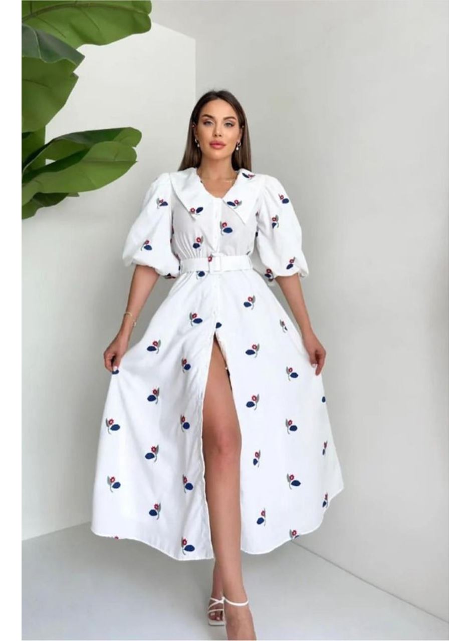 Kırmızı Yakası Çiçek Motifli Kemerli Elbise