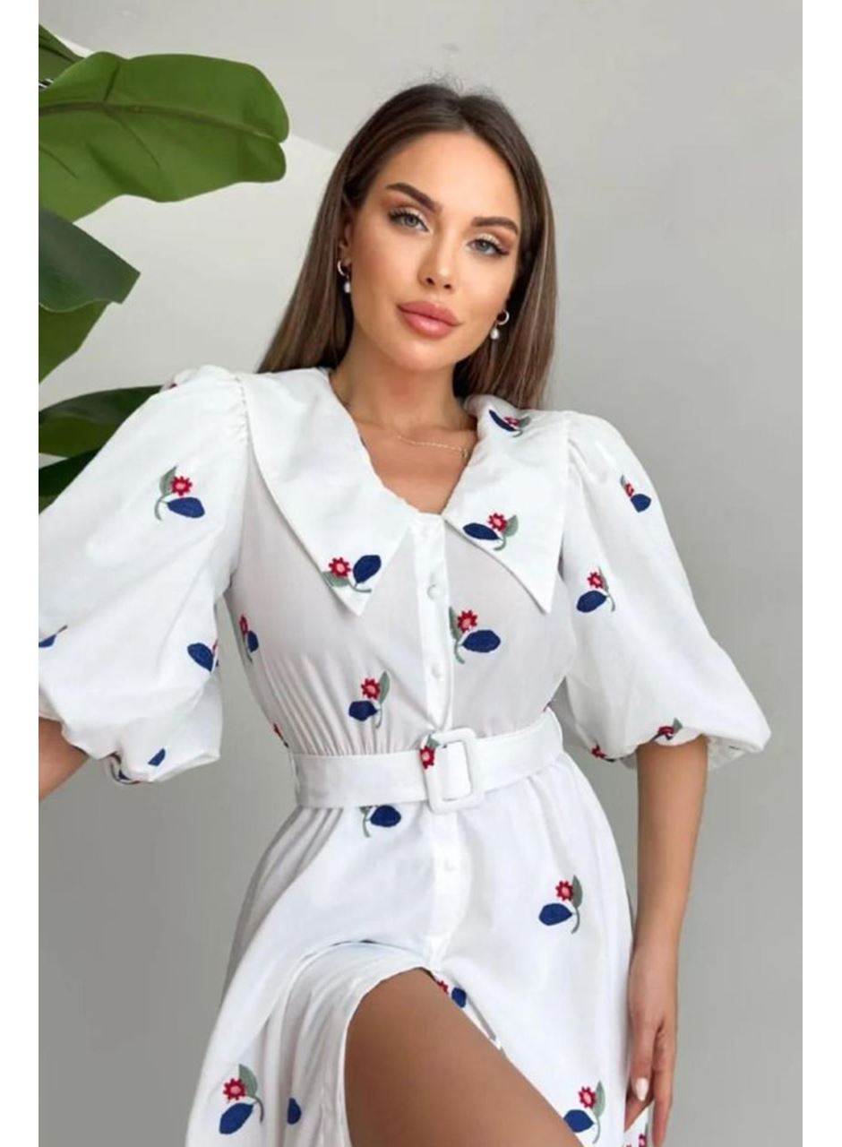 Kırmızı Yakası Çiçek Motifli Kemerli Elbise