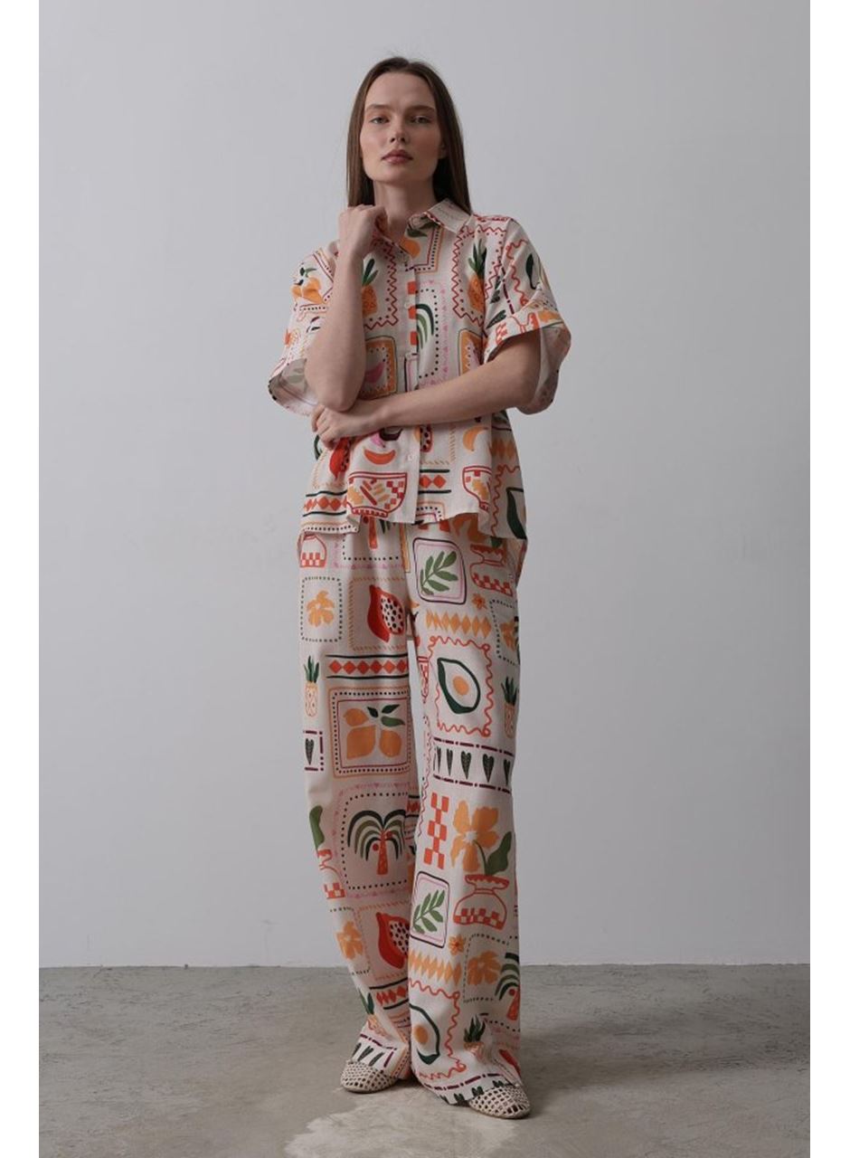 Baskılı Kısa Kol Pantolon Takım - Taş-Oranj