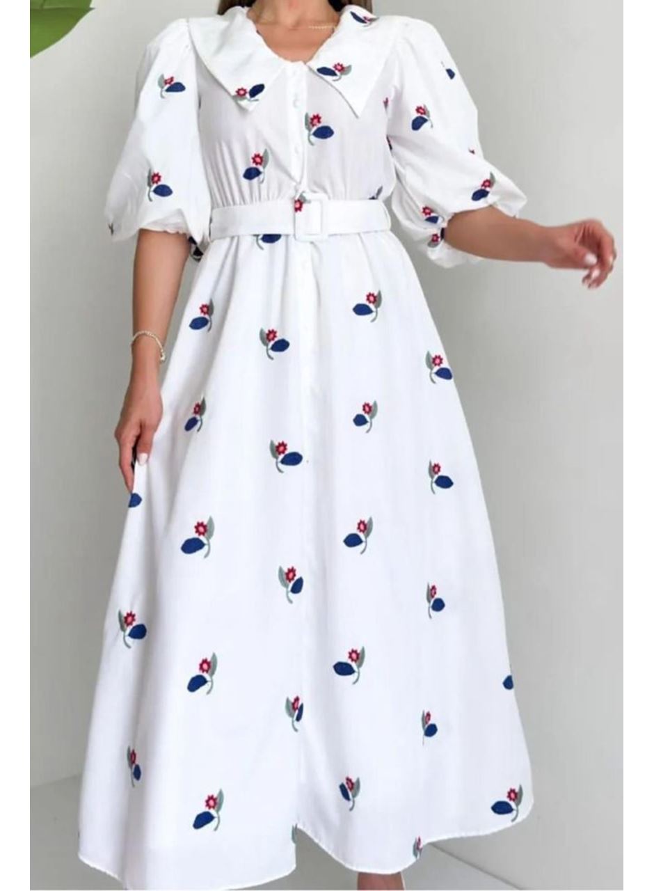 Kırmızı Yakası Çiçek Motifli Kemerli Elbise