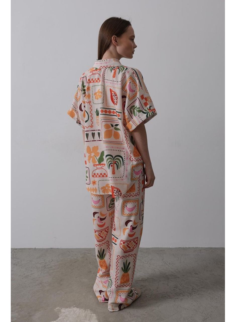 Baskılı Kısa Kol Pantolon Takım - Taş-Oranj