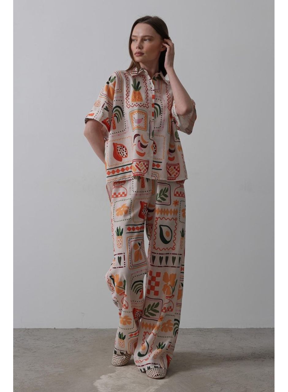 Baskılı Kısa Kol Pantolon Takım - Taş-Oranj