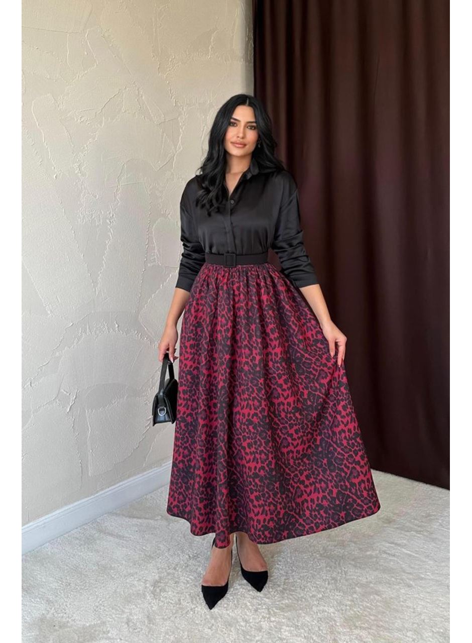 Bordo Leopar Büzgülü Uzun Etek