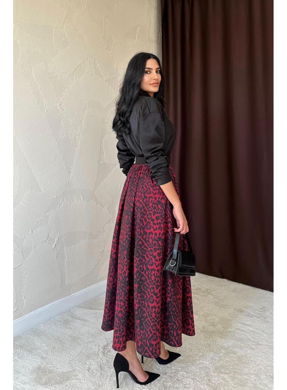 Bordo Leopar Büzgülü Uzun Etek