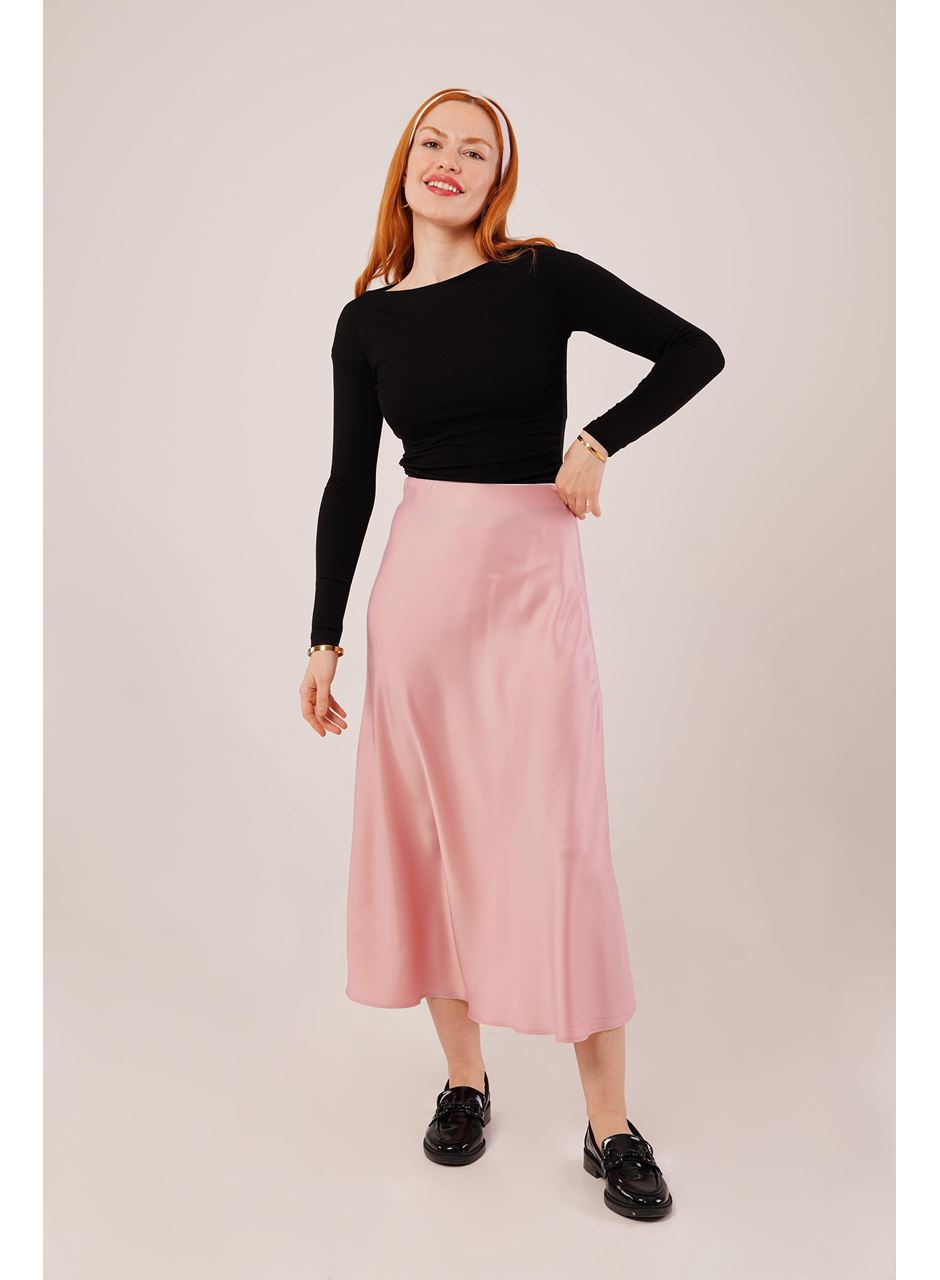 Çan Kesim Midi Pembe Saten Etek