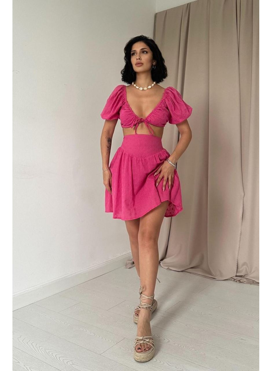 Fuşya Brode Crop Ve Mini Etek Takım