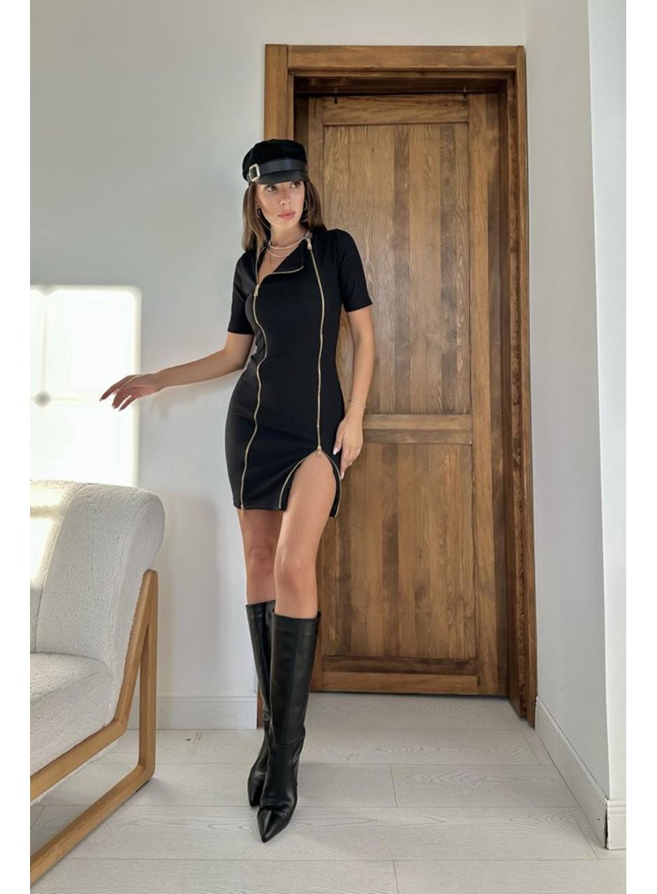 Siyah Fermuarlı Ottoman Elbise