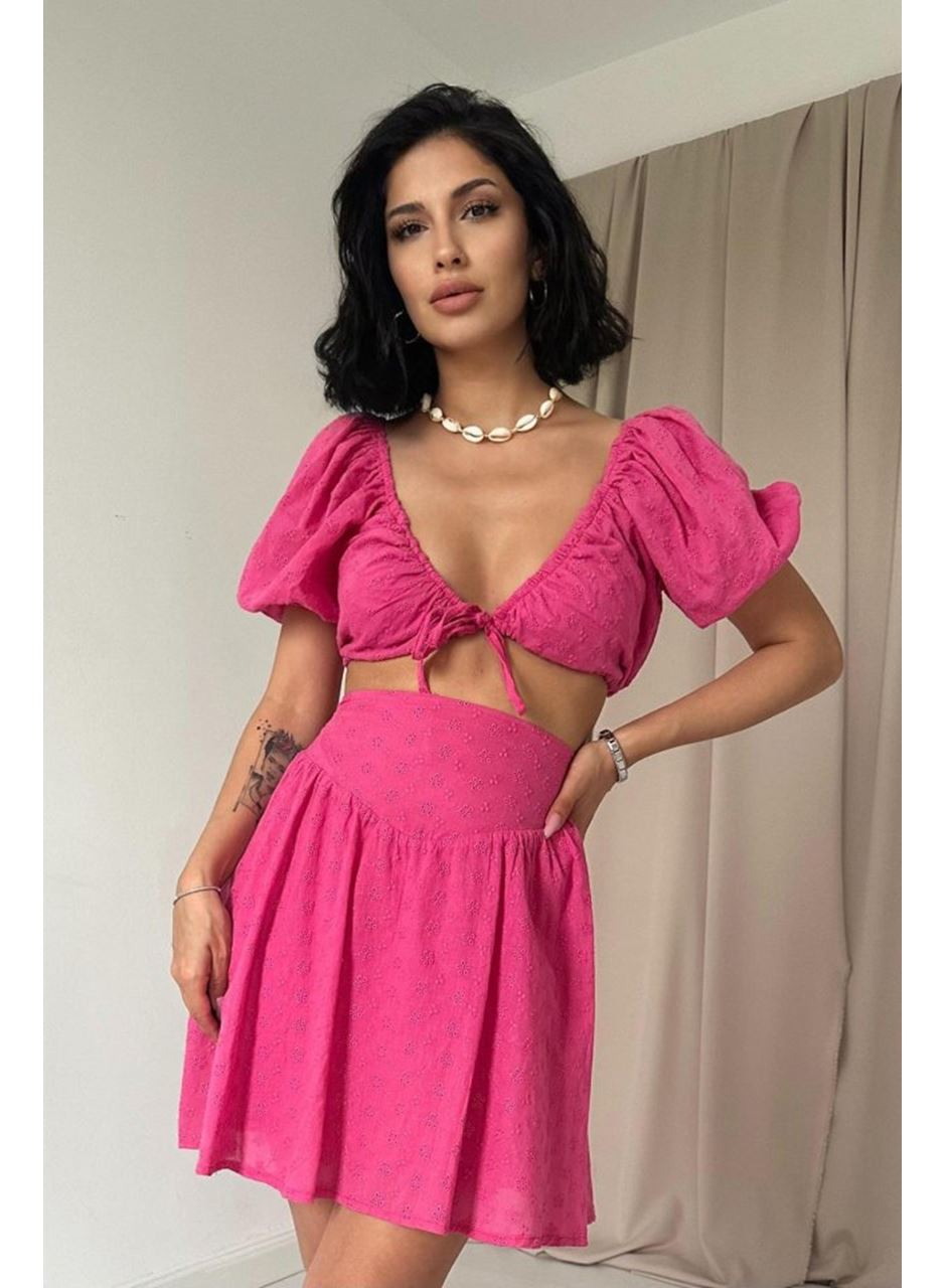 Fuşya Brode Crop Ve Mini Etek Takım