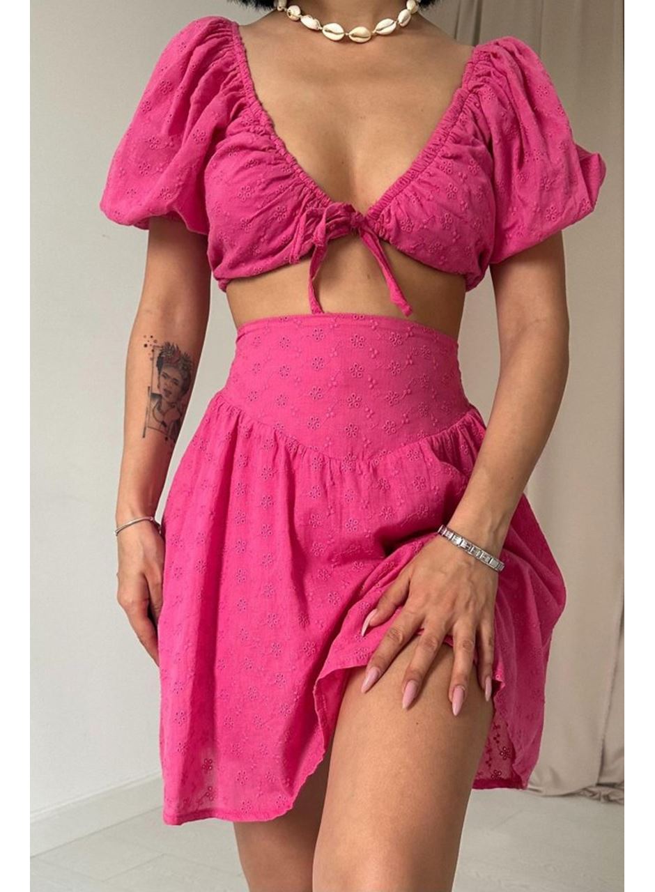 Fuşya Brode Crop Ve Mini Etek Takım