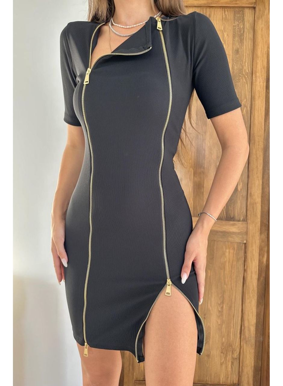 Siyah Fermuarlı Ottoman Elbise