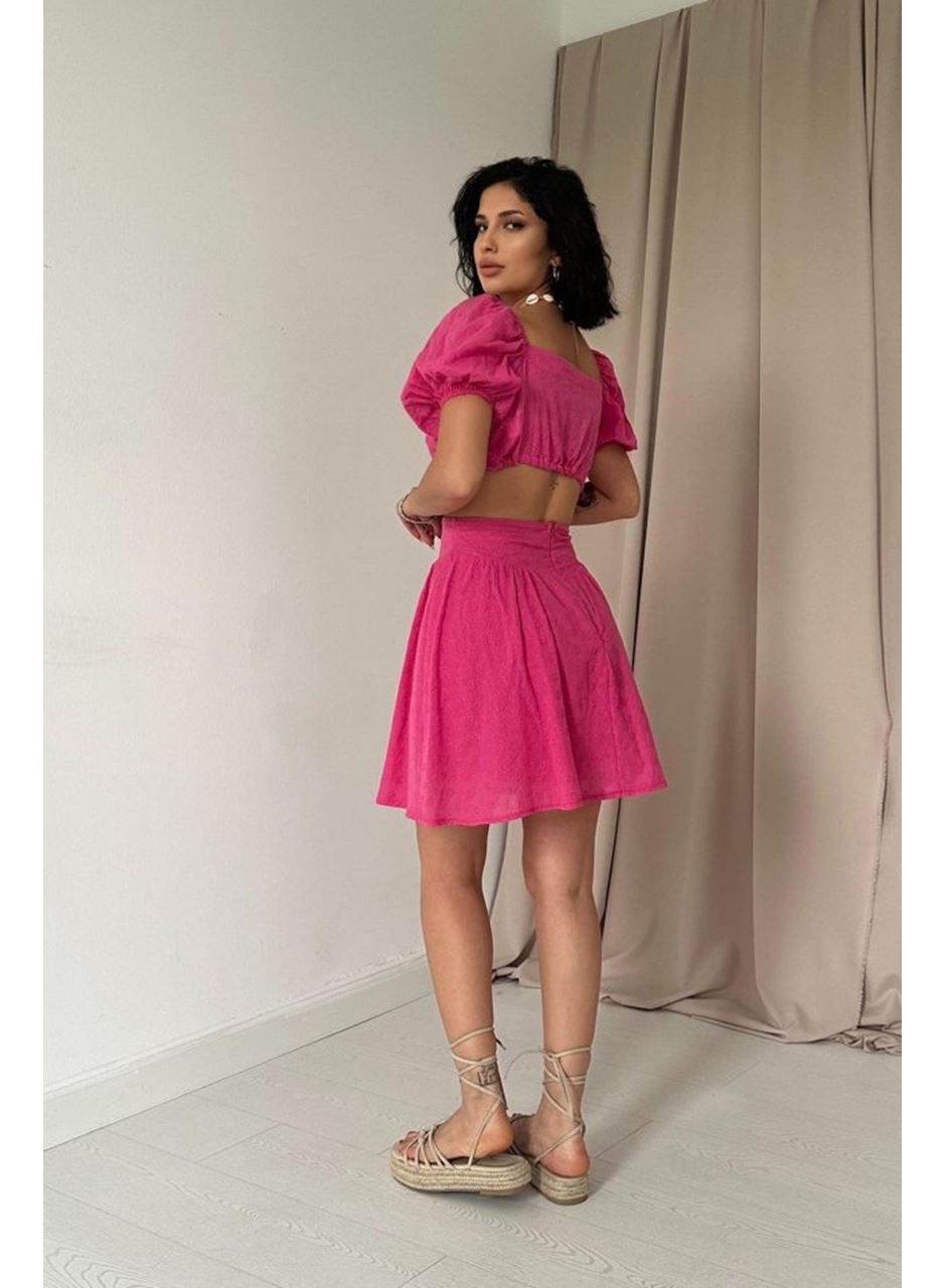 Fuşya Brode Crop Ve Mini Etek Takım