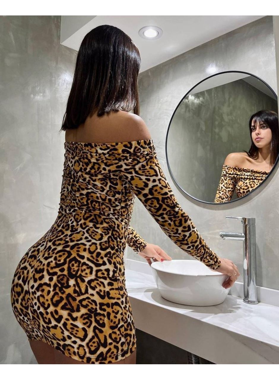 Kadın Madonna Mendil Yaka Leopar Desen Mini Elbise