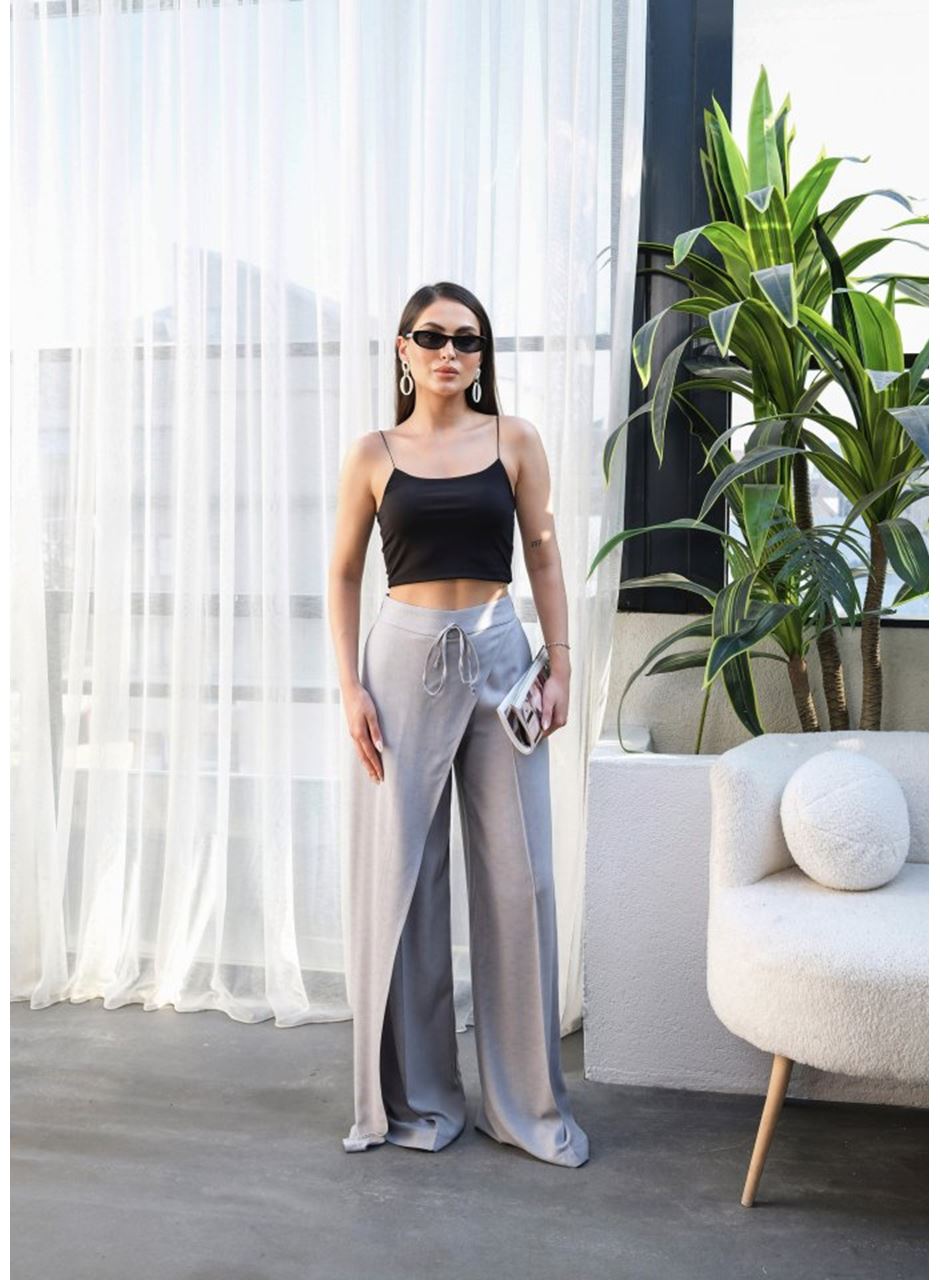 Keten Önü Çapraz Parçali Lasti̇kli̇ Ve Bağcikli Geni̇ş Paça Pantolon