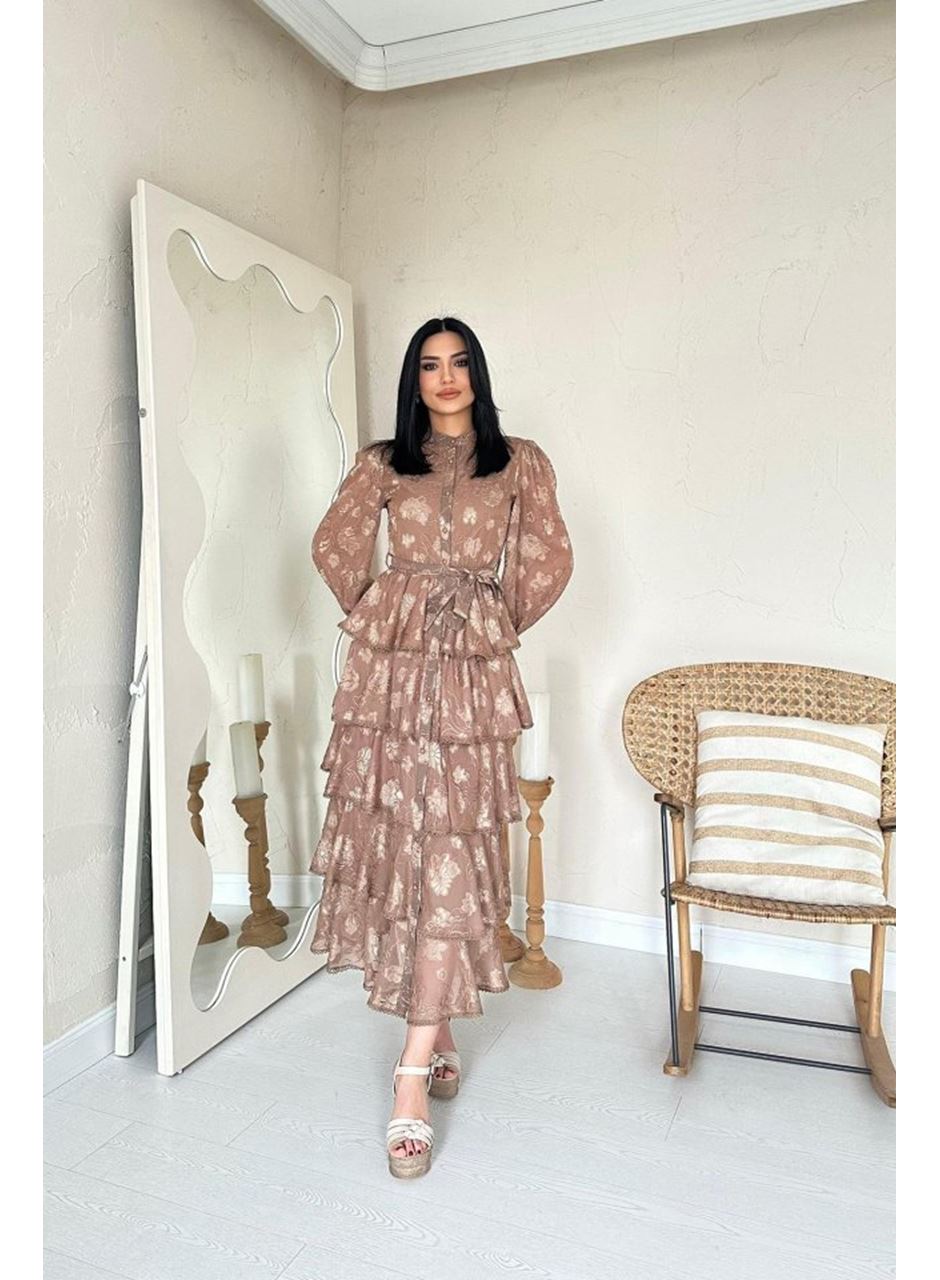 Vizon Valonlu Şeritli Kat Kat Elbise