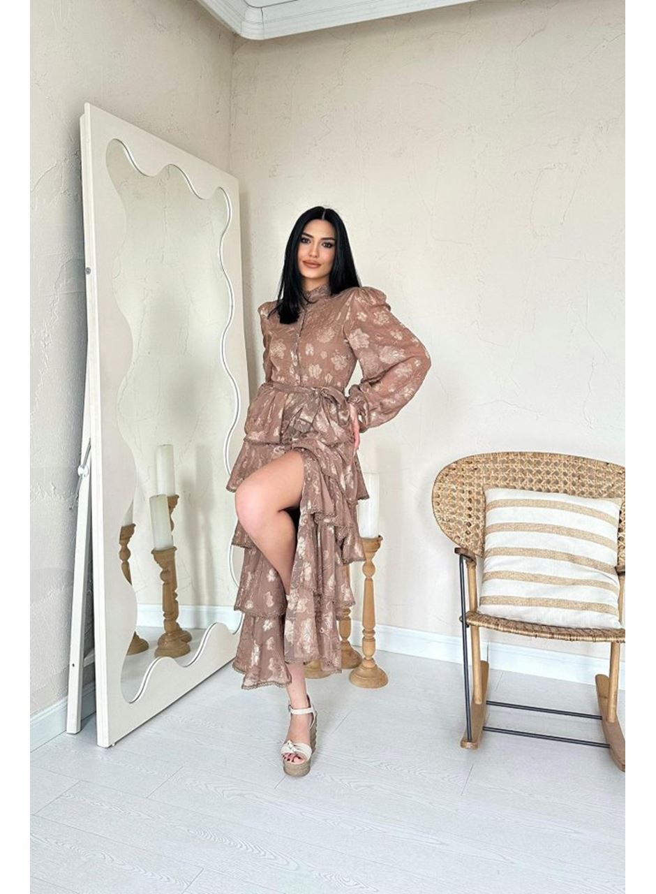 Vizon Valonlu Şeritli Kat Kat Elbise