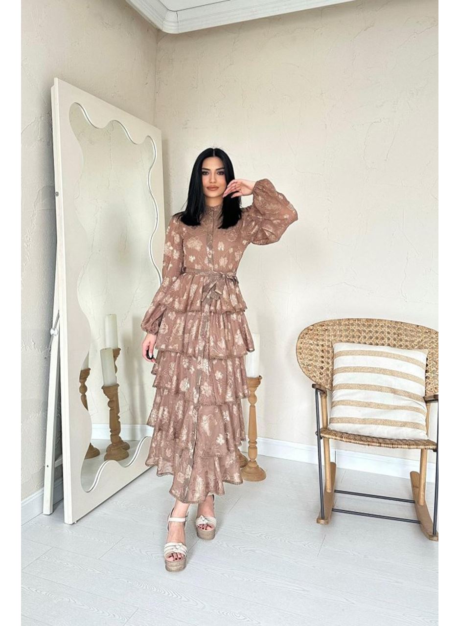 Vizon Valonlu Şeritli Kat Kat Elbise