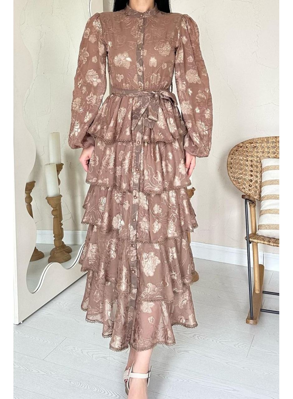 Vizon Valonlu Şeritli Kat Kat Elbise