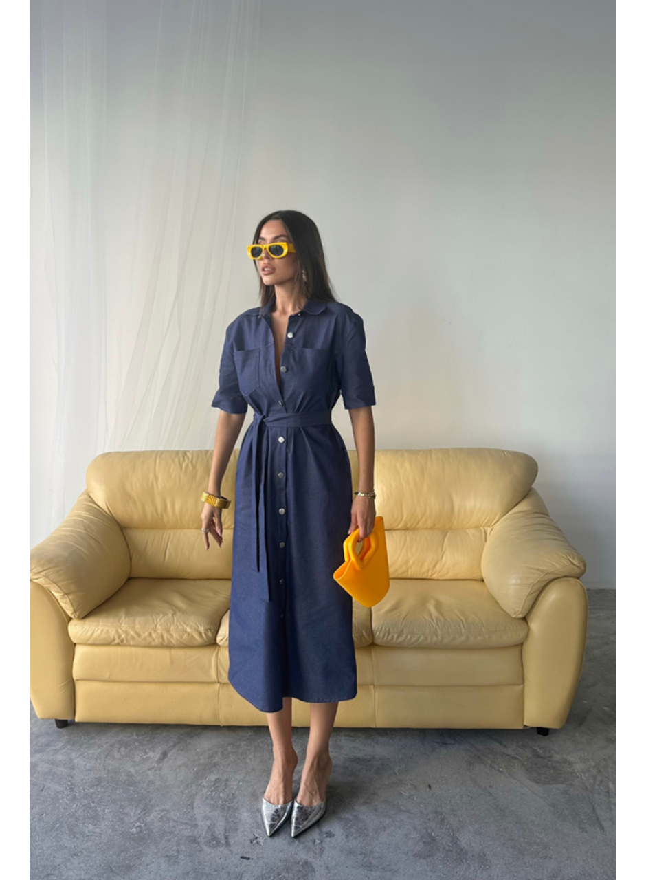 TENCEL ÖNDEN DÜĞMELİ KISA KOL ELBİSE - Mavi