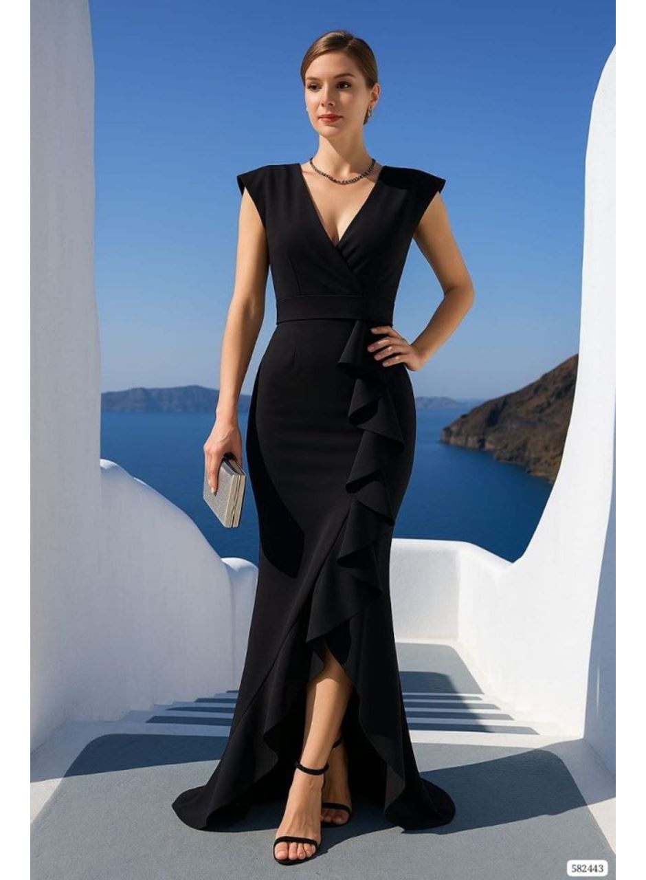 Kadın Dalgıç Kumaş V Yaka Fırfır Detaylı Maxi Boy Elbise