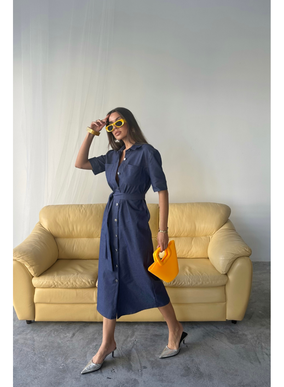 TENCEL ÖNDEN DÜĞMELİ KISA KOL ELBİSE - Mavi