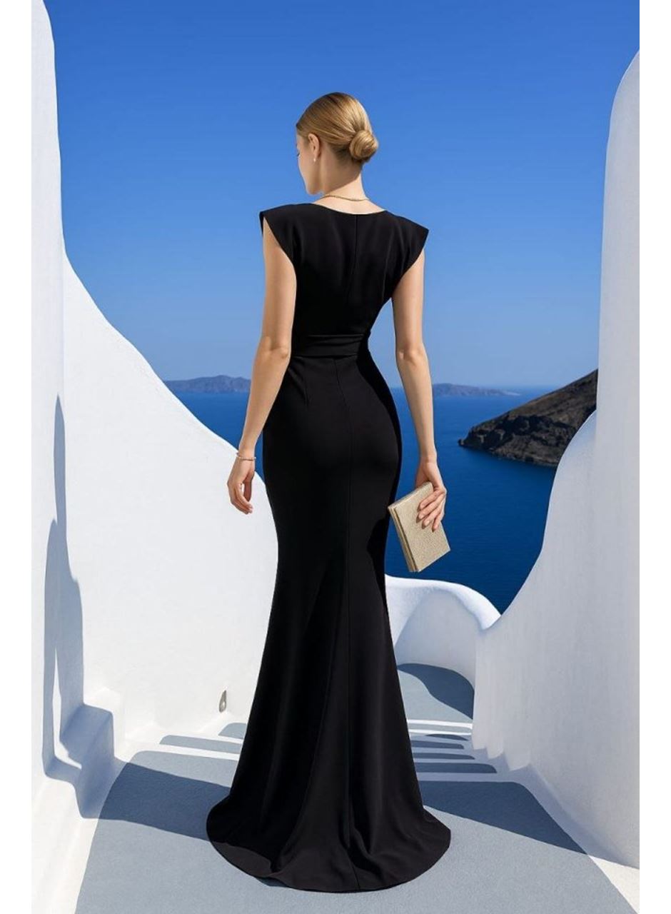 Kadın Dalgıç Kumaş V Yaka Fırfır Detaylı Maxi Boy Elbise