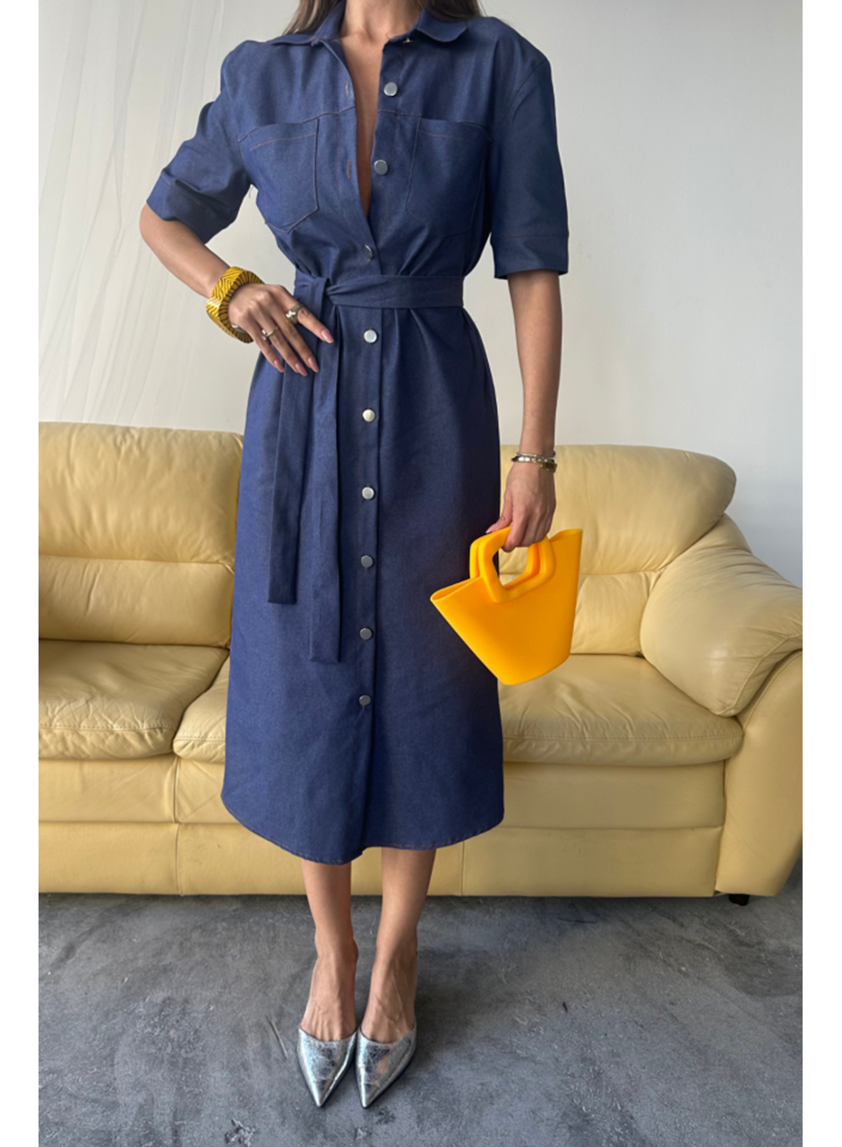 TENCEL ÖNDEN DÜĞMELİ KISA KOL ELBİSE - Mavi
