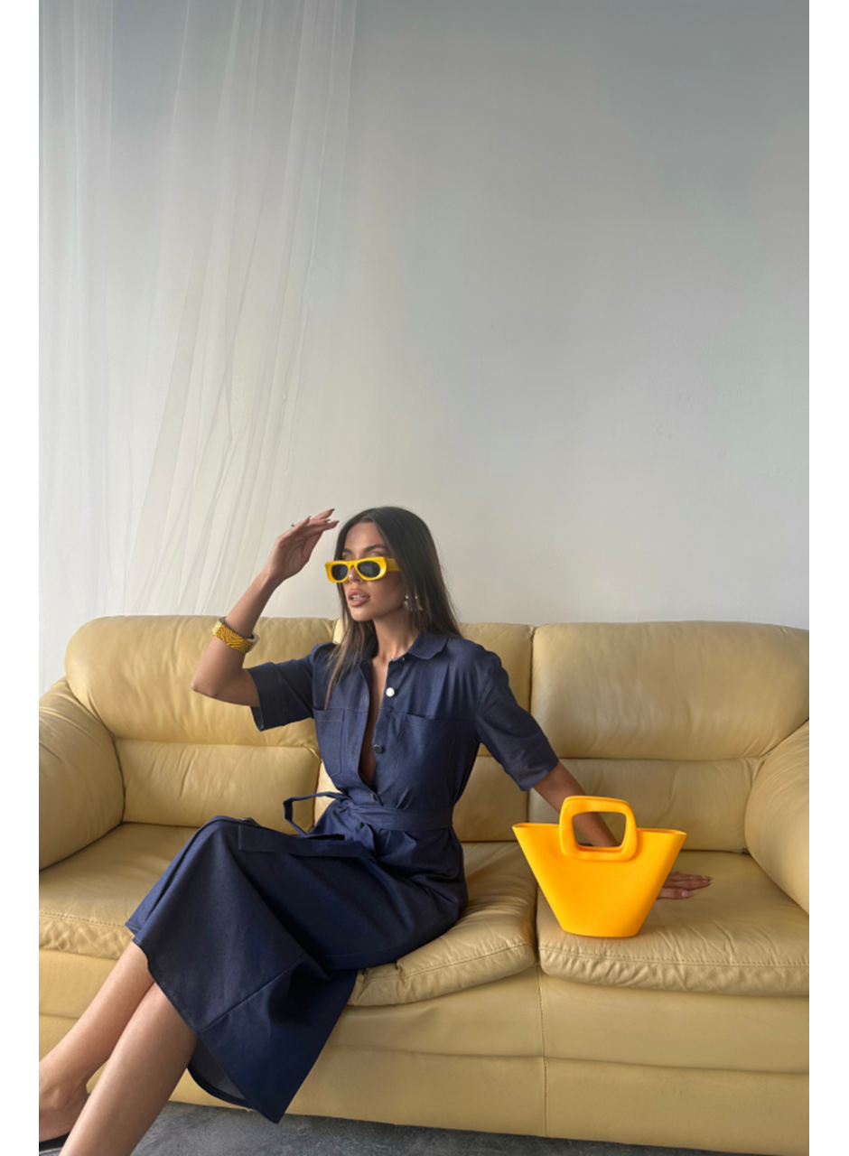 TENCEL ÖNDEN DÜĞMELİ KISA KOL ELBİSE - Mavi