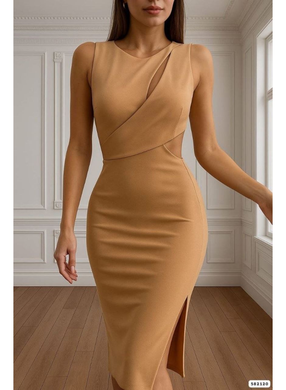 Kadın Goğüs Detaylı Sırt Dekoltelı Yırtmaç Detaylı Scuba Elbise