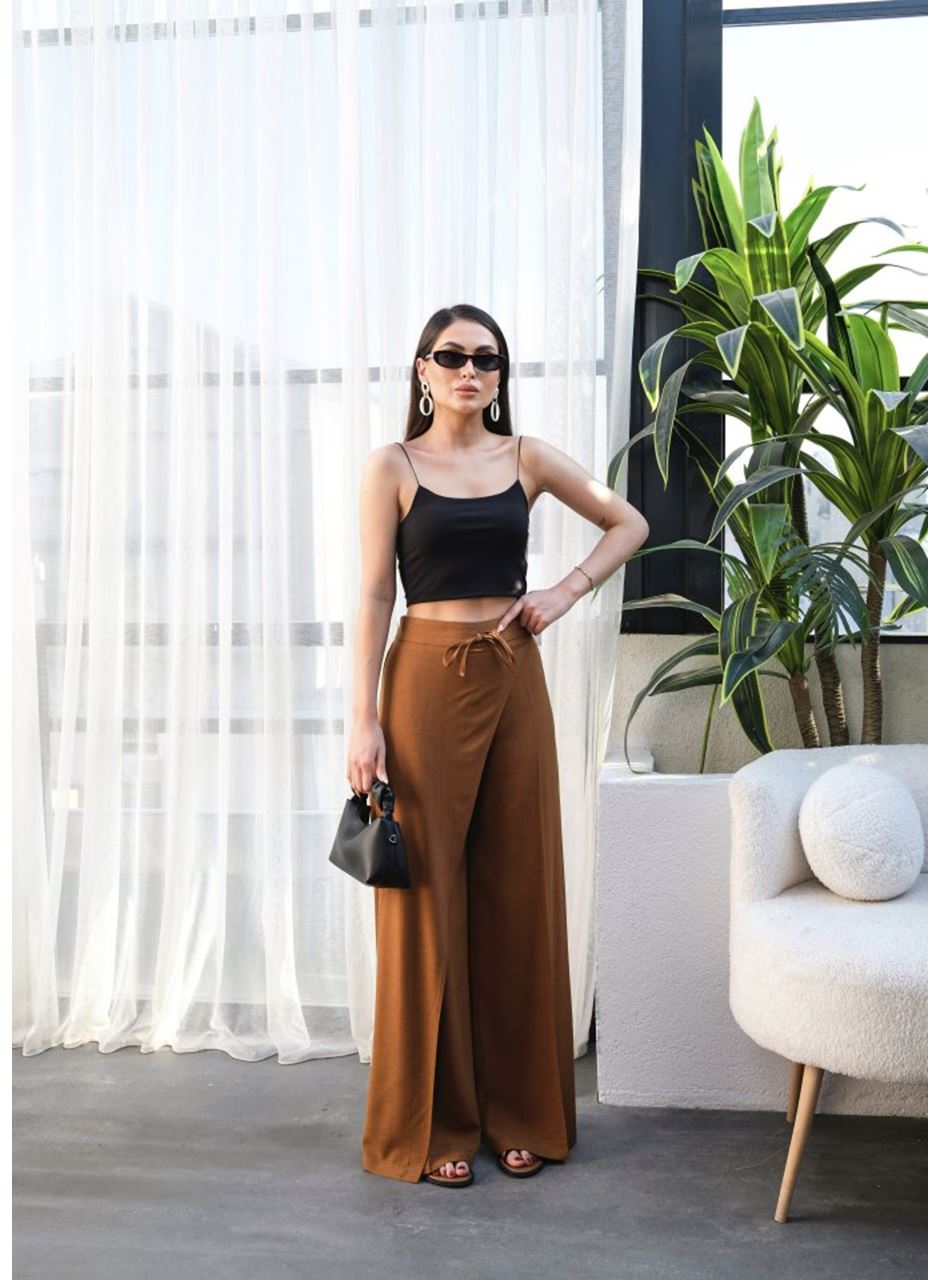 Keten Önü Çapraz Parçali Lasti̇kli̇ Ve Bağcikli Geni̇ş Paça Pantolon